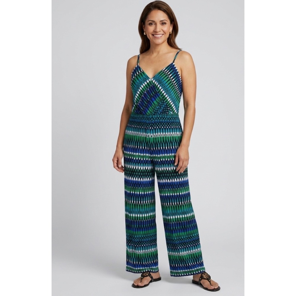 Calvin Klein Jumpsuit 6‎ Green Blue Geometric Wide Leg Resort Wear Travel Beach
